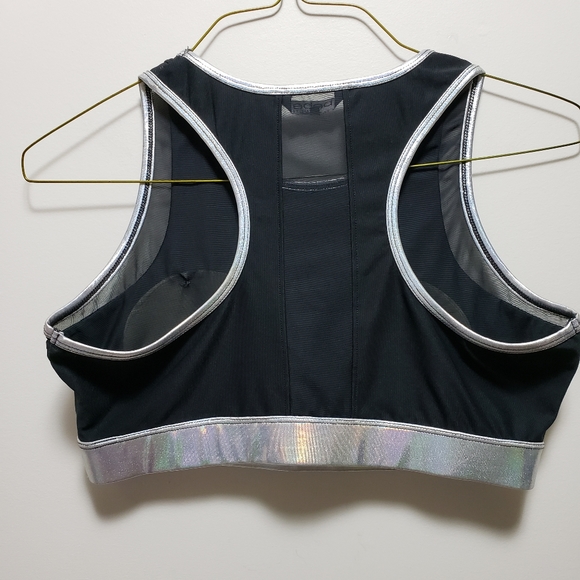 Bebe Sports Training Bra Metallic Trim Silver Black Spandex Women S-L - Picture 2 of 7